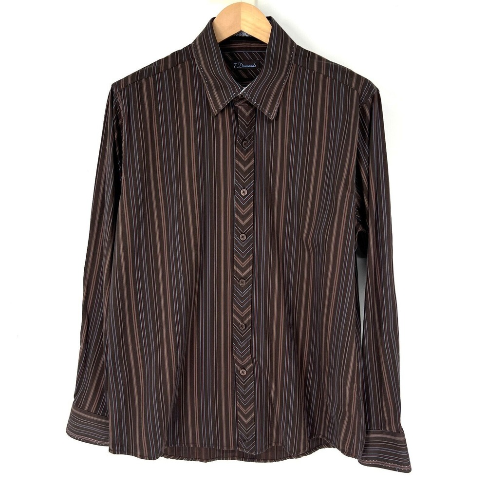 7 Diamonds Button Up Dress Shirt Mens Size L Brown Striped Blue 100% Cotton